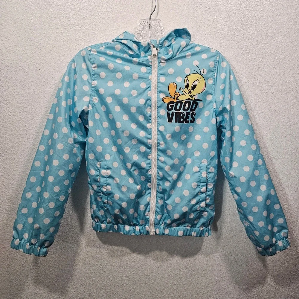 Members Only Looney Tunes Tweety Windbreaker Jacket Blue Polka Dot Kids 10/12